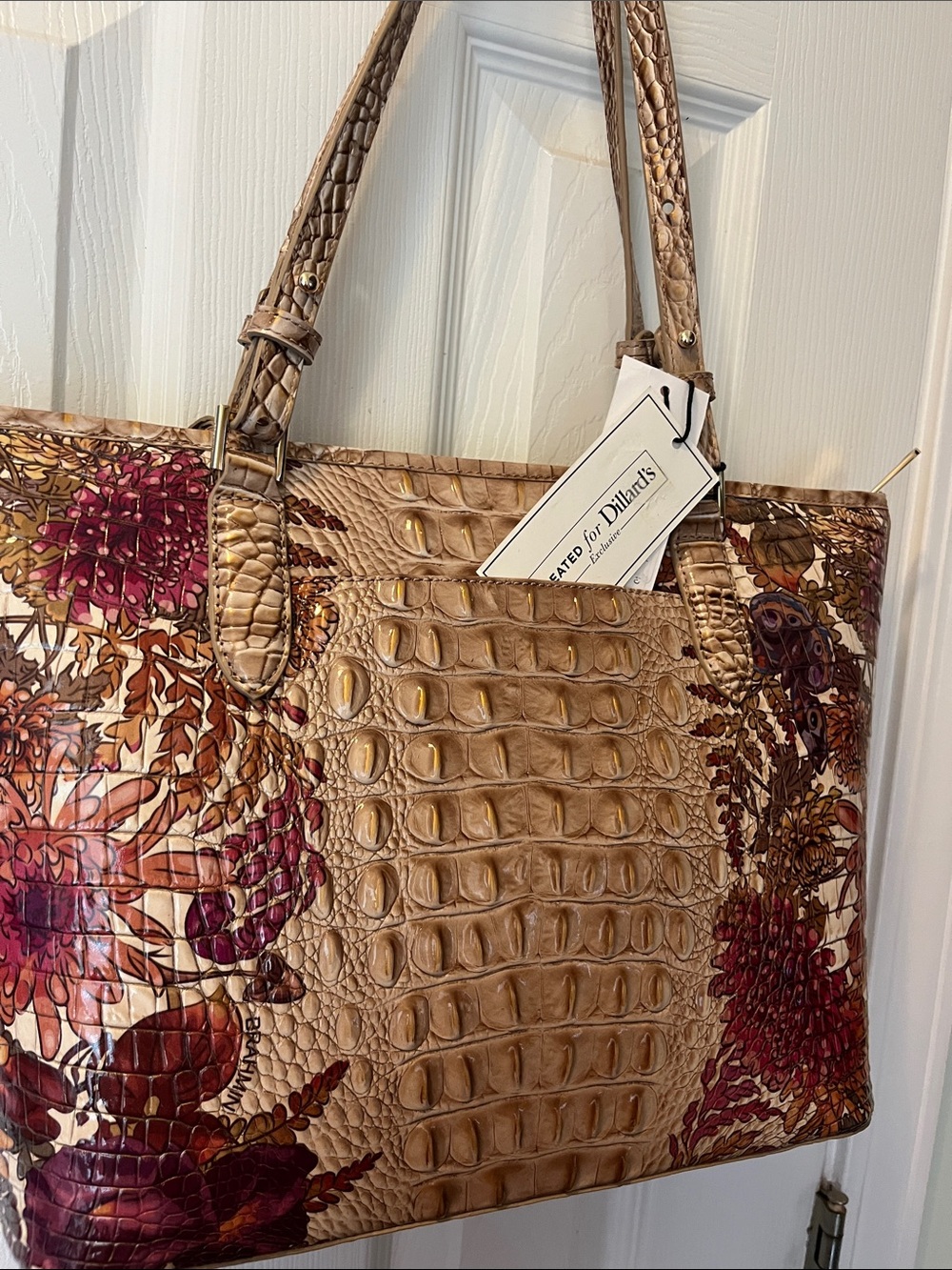 NWT~Brahmin Floral Embossed Croc-Effect Tote w/ Metalic Gold Accents